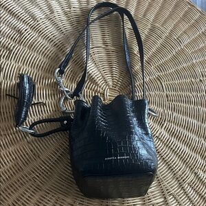 Rebecca Minkoff Black Croc-Embossed Mini Bucket Bag with Tassel